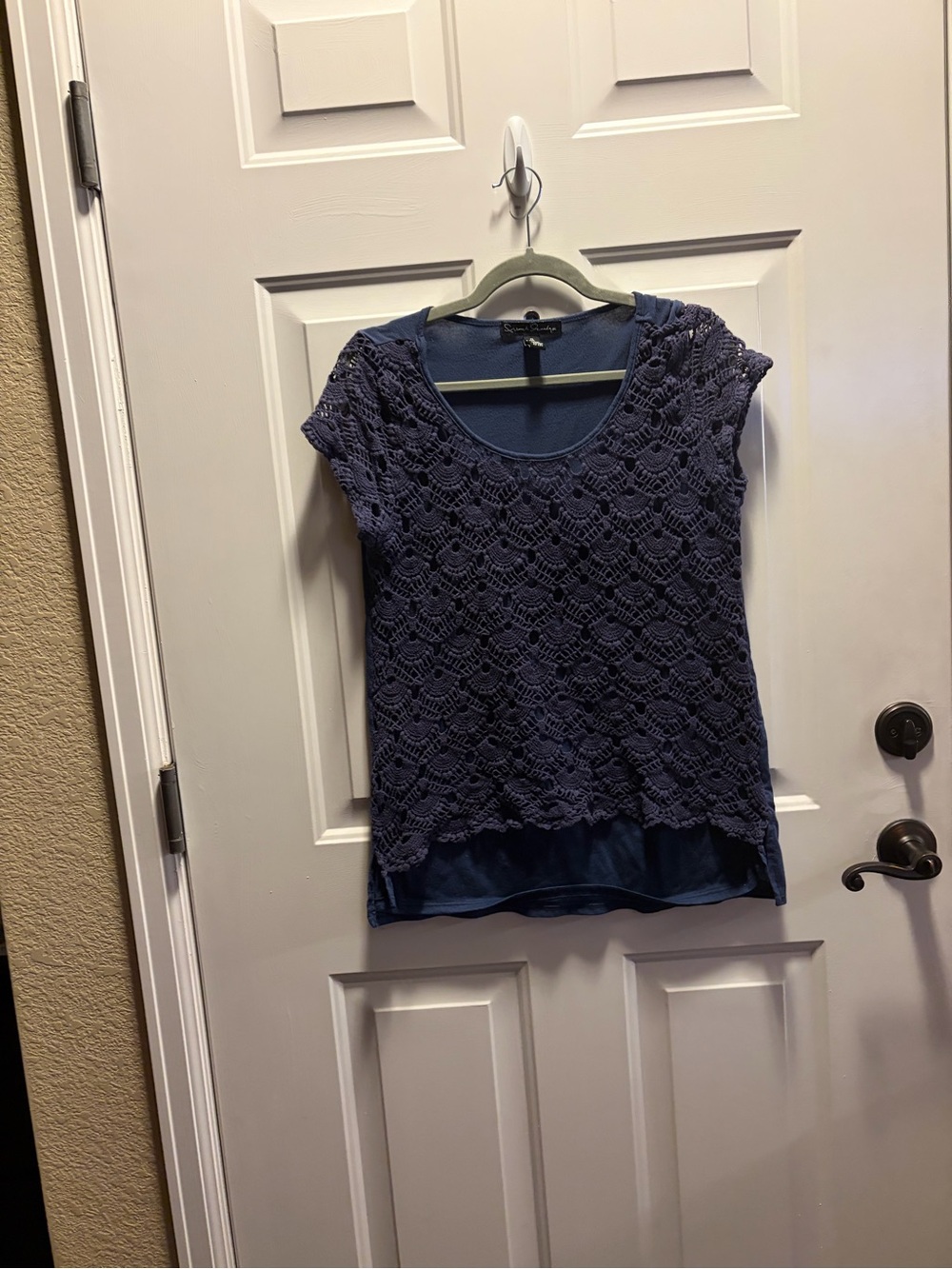 French Laundry Navy Crochet Layered Scoop Neck Top